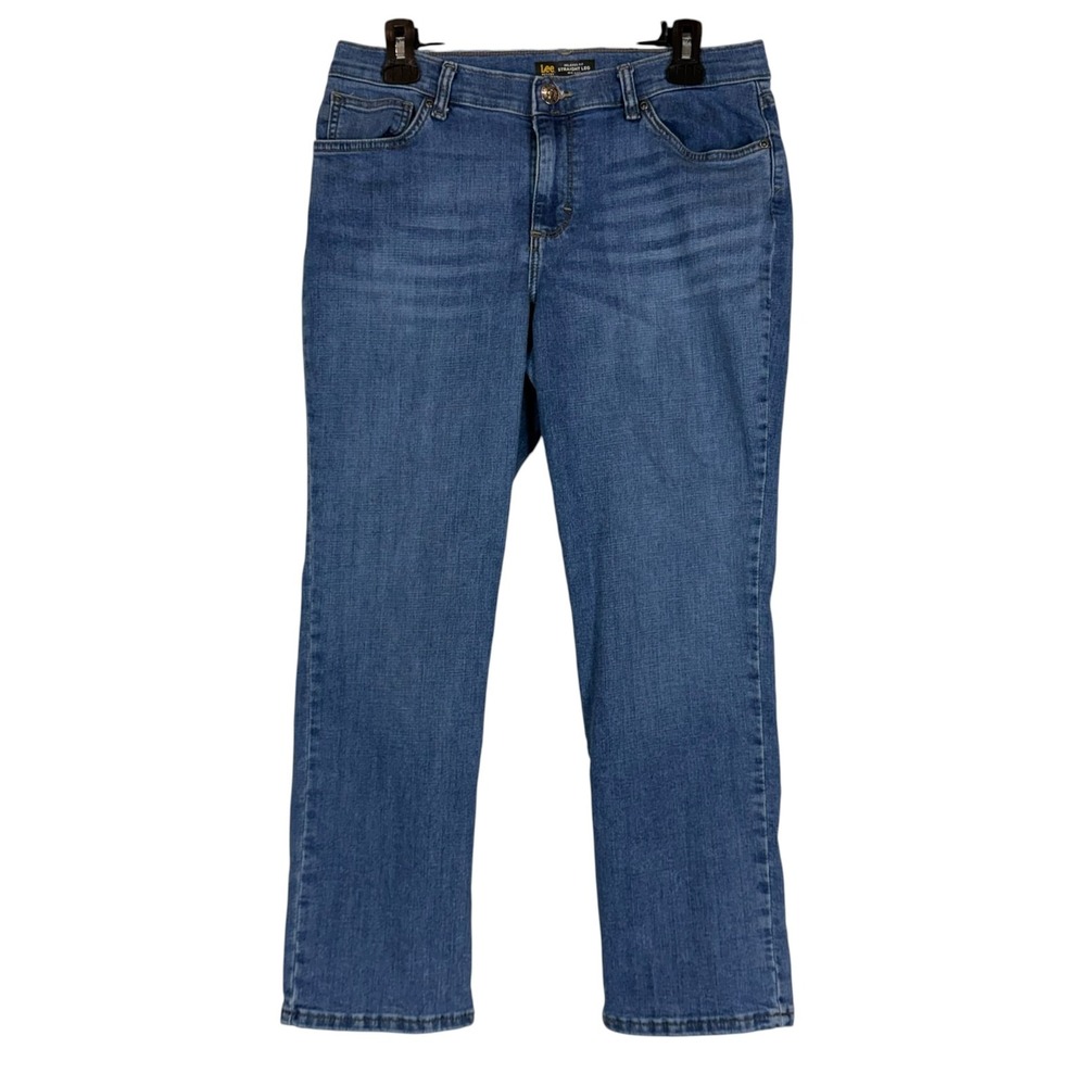 Lee Jeans Womens 10P Blue Medium Wash Mid Rise Relaxed Straight Stretch Denim
